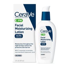 Developed with dermatologists, CeraVe PM Lightweight Facial Moisturizing Lotion for Nighttime use has an ultra-lightweight, unique formula that moisturizes throughout the night and helps restore the protective skin barrier with three essential ceramides (1,3,6-II). The formula also contains hyaluronic acid to help retain skin's natural moisture and niacinamide to help calm skin CeraVe PM Ultra-Lightweight Facial Moisturizing Lotion is oil-free, non-comedogenic and fragrance-free. How to Use: App Evening Skincare Routine, Profumo Victoria Secret, Cerave Skincare, Evening Skincare, Facial Lotion, Oil Free Moisturizers, Moisturizing Lotion, Face Lotion, Facial Moisturizers