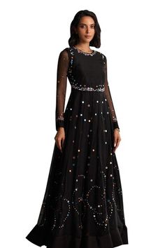 Black anarkali featuring multi-color thread and mirror embroidery all over with semi sheer sleeves and a back cut-out. - Aza Fashions Semi-stitched Embellished Black Anarkali Set, Evening Anarkali Set With Resham Embroidery For Festive Occasions, Resham Embroidered Anarkali Set For Navratri Evening, Festive Evening Anarkali Set With Resham Embroidery, Navratri Evening Anarkali Set With Resham Embroidery, Festive Embroidered Anarkali Set For Evening, Bollywood Style Anarkali Set With Resham Embroidery For Evening, Embroidered Anarkali Set For Evening Festivals, Anarkali Salwar Kameez With Sheer Dupatta For Evening