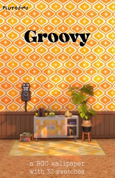 an orange and yellow wallpaper with the words grooy on it's side