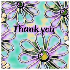 a thank card with purple flowers on it