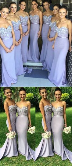 the bridesmaids are posing for pictures in their lavender gowns and silver dresses