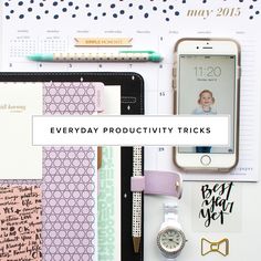 a desk with various items on it and the words everyday productivity tricks written in white