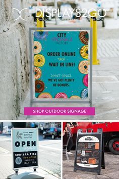 an advertisement for a donut shop on the sidewalk and in front of a street sign