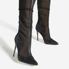 A Mesh Stiletto Boot With A Pointed Toe And Zip Closure. Material: Faux-Leather Features: Sd Dream Sole Double The Padding For Comfort, Support, And Ease Of Movement Outside Heel Height: 4.17" Closure: Functional Inside Zipper Shaft Height: 13.78" Color: Black Mesh *** All Shoes Are Mailed Without Original Box****** If You Need A Box, Please Ask Prior To Making Payment. Shipping Charges Will Be Adjusted. Elegant Fitted Synthetic Boots, Edgy Heeled Boots For Spring Party, Elegant High Ankle Synthetic Boots, Edgy Spring Heeled Boots For Party, Chic Lace-up Party Boots, Edgy Knee-high Party Heels, Elegant Lace-up Heeled Boots For Night Out, Chic Fitted Heels With Wrapped Heel, Fitted Synthetic Heeled Boots For Night Out