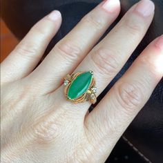 Description: 14k Yellow Gold Jade Women Ring - Marquise Shape Item No.: R00022 Metal Type: 14k Gold, Not Filled Or Plated Metal Color: Yellow Gold Type Of Stone: Glass Jade And Cubic Zirconia Measurement: Size 6.25. Jade: 17 X 7 Mm Approximate Weight: 2.98 Gram(S) Brand New With Gift Box. Oval Yellow Gold Emerald Ring With Multi-stone, Oval Yellow Gold Emerald Ring With Multiple Stones, Green Marquise 14k Gold Jewelry, Yellow Gold Marquise Emerald Ring, Yellow Gold Chrysoprase Emerald Ring For Anniversary, Yellow Gold Emerald Ring With Chrysoprase For Anniversary, Yellow Gold Rings With Chrysoprase Gemstone, Elegant Chrysoprase Emerald Ring For Anniversary, Anniversary Emerald Cabochon Ring