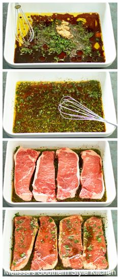 four pictures showing how to cook salmon steaks in the oven with sauce and seasonings