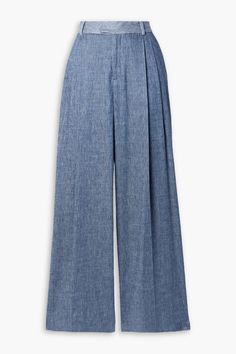 Find PARTOW Rhett Pleated Twotone Chambray Wideleg Pants on Editorialist. Wide-leg pants two-tone chambray pleated faux pockets two front slant pockets belt loops high-rise cut concealed hook, button and zip fastening at front mid-weight, non-stretchy fabric dry clean PARTOW's 'Rhett' pants are designed with wide legs that are pleated to enhance the dramatic shape. They're cut from panels of tonal-blue chambray and sit high on the waist. Style yours with a collared shirt and chunky sandals. Elegant Wide-leg Denim Pants, Elegant Denim Blue Bottoms With Pockets, Denim Wide Leg Pants For Work, Elegant Wide-leg Denim Bottoms, Denim Blue Wide Leg Pants With Welt Pockets, Spring Pleated Wide Leg Pants, Tailored Wide-leg Pants With Pockets, Elegant Denim Bottoms For Workwear, Denim High-waisted Wide Leg Workwear Pants