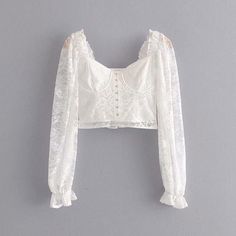 Romantic Semi-Sheer White Lace Square Neck Long Sleeve Blouse Top - Uniqistic.com Fe Clothing, Square Neck Long Sleeve, White Lace Blouse, Romantic Lace, Sheer Fabrics, Lace Blouse, Lace Sleeves, Sheer Lace, Blouse Top