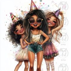 three girls wearing party hats and dresses with their arms around each other in the air