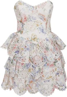 Zimmermann Bowie Ruffle Dress Spring Ruffle Dress With Sweetheart Neckline, Floral Print Tiered Dress For Garden Party, White Mini Dress With Floral Print And Ruffled Straps, Strapless Ruffled Dress For Garden Party, Strapless Dress With Ruffle Hem For Garden Party, Strapless Garden Party Dress With Ruffles, Feminine Sleeveless Floral Tiered Dress, Sleeveless Floral Print Tiered Dress For Garden Party, Sleeveless Tiered Dress With Floral Print For Garden Party