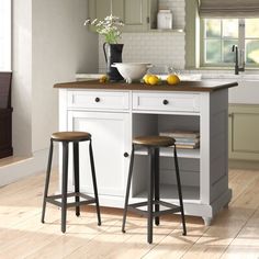 two stools are in front of the kitchen island