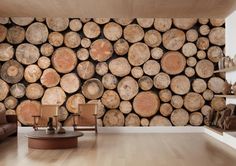 a living room filled with lots of wooden logs next to a wall covered in wood