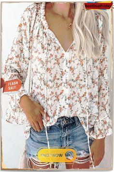 Floral Print Flares Sleeve Blouse White Non-stretch Spring Blouse, Non-stretch White Blouse For Spring, Non-stretch Blouse For Brunch, Non-stretch Long Sleeve Blouse For Day Out, Non-stretch Long Sleeve Beach Blouse, Non-stretch Long Sleeve Summer Blouse, Non-stretch Long Sleeve Blouse For Beach, Non-stretch Long Sleeve Blouse For Vacation, Fall Non-stretch Blouse