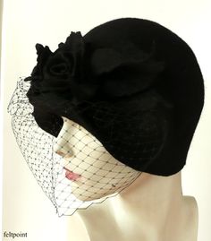 "Black veil hat,Cloche Felted Hat, felt hat, Cloche Hat, black Hat, Art Hat Black Hat La belle epoque Art Deco 1920s hat Art Hats Black hat cloche 1920's hat black roses Hats&Caps Accessories Handmade Great, very flattering black hat with black veil! Adapts to the head ! Special and unique ! Sophisticated and elegant ! I can make this hat in other colors and sizes. Made just for you To measure your head: Using a tape measure, go around head about 1\" above eyebrows in front and include the l Black Gatsby Style Hats For Evening, Black Cloche Hat For Races, Black Cloche Hat For Church, Black Cloche Costume Hat For Church, Black Hats For Winter Races, Black Cloche Church Hat, Black Winter Hats For Races, Winter Black Hats For Races, Black Fedora Felt Hat For Evening