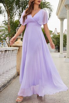 Material Polyester, Lace Style Elegant, Formal Pattern Type Solid Element Solid Color Neckline V Neck Silhouette Evening Dress Sleeve Style Flare Sleeve Sleeve Length Short Sleeve Clothing Length Long Type Solid Color Size(cm) Bust Waist Hips S 90 70 100 M 94 74 104 L 98 78 108 XL 102 82 112 Tips: Due to the many variations in monitors, the color in the image could look slightly different, please take physical design and color shall prevail. Please allow 1cm-2cm differs due to manual measurement Purple Short Sleeve Maxi Dress For Wedding, Purple Chiffon Bridesmaid Dress For Summer, Summer Purple Chiffon Bridesmaid Dress, Fitted Short Sleeve Chiffon Maxi Dress, Purple V-neck Chiffon Party Dress, Fitted Purple Chiffon Dress, Purple Chiffon V-neck Dress, Purple V-neck Chiffon Dress, Chiffon Maxi Dress With Short Sleeves, Non-stretch