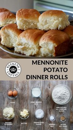 the ingredients for homemade potato dinner rolls on a wooden table with text overlay that says,