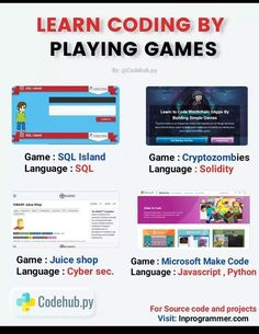 an image of a computer screen with the words learn coding by playing games