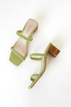 Feel like you are on a tropical getaway in the Schutz Mali Mellow Green Braided High Heel Sandals! Smooth faux leather shapes these heels that have a square toe footbed, a braided toe strap, and a matching vamp strap. A unique wood-look block heel adds to the island vibes of these must-have sandals. Fit: This garment fits true to size. 2" stacked block heel. Cushioned insole. Leather sole has nonskid markings. Genuine leather lining and sole. Balance man made materials. Imported. Lulus | Mali Me Green Leather Sandals, Trendy Heels, Shoes Heels Classy, Fashion Shoes Sandals, Girly Shoes, Island Vibes, Aesthetic Shoes, Leather High Heels, Crazy Shoes