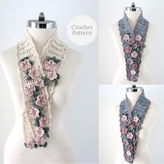 four different images of a scarf with flowers on it, one is blue and the other has pink roses