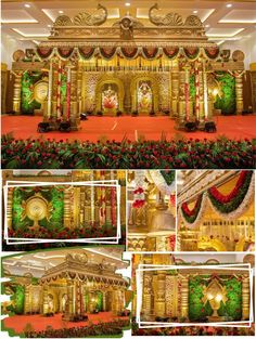 an elaborate stage set up with flowers and greenery for a wedding or other function