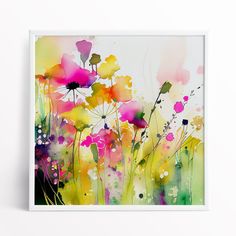 an abstract floral painting on a white wall with flowers painted in bright pink, yellow and green