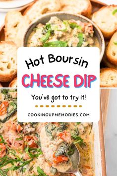 hot boursin cheese dip in a casserole dish with text overlay