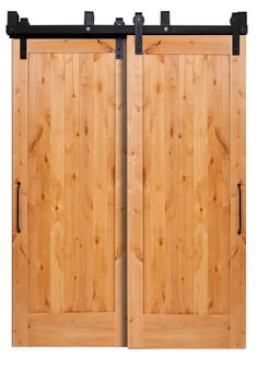 two wooden doors with black hardware on them