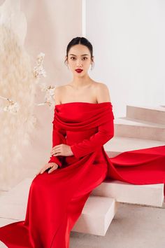 Zazie Off-Shoulder Ao Dai | MEAN BLVD Vietnamese Wedding, Diy Wedding Reception, Bow Tie Dress, Mean Blvd, Hidden Beauty, Simple Pakistani Dresses, Mass Production, Silk Pants, Pure Beauty