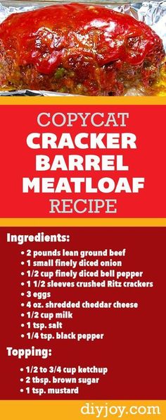 the recipe for copycat cracker meatloaf is shown in red and yellow