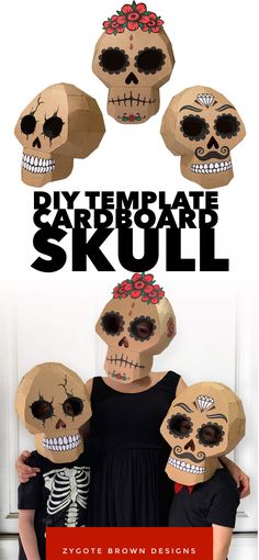 a group of people with paper skulls on their heads and the words, diy template skull