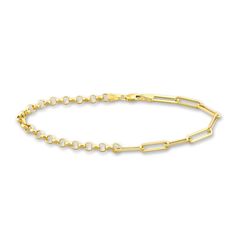 Dynamic rolo links entwine with dazzling hollow paperclip links to form this exceptional women's bracelet. Fashioned in 14K yellow gold, the adjustable 7.5-inch chain secures in place with a lobster clasp. Modern Formal Rolo Chain Bracelet, Yellow Gold Chain Bracelet With Paperclip Links, Modern Yellow Gold Chain Link Paperclip Bracelet, Yellow Gold Paperclip Cable Chain Bracelet, Yellow Gold Link Bracelet With Paperclip Chain, Gold Cable Chain Bracelet With Paperclip Shape, Gold Paperclip Cable Chain Bracelet, Yellow Gold Rolo Chain Link Bracelet, Modern Yellow Gold Paperclip Bracelet With Adjustable Chain