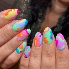 Nail Ideas Crazy, Phycadelic Nail Art, Crazy Colorful Nails, Weird Nails Design, Crazy Nail Designs Creative, Fun Nail Designs Creative, Loud Nails, Trippy Nail Designs, 80s Nail Designs