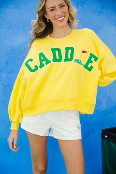 CADDIE 18TH HOLE PULLOVER | Judith March Spring Varsity Sweatshirt For Game Day, Sporty Golf Tops For Fall, Sporty Tops For Golf In Fall, Casual Tops For Golf In Fall, Collegiate Sweatshirt For Game Day In Spring, Sporty Letter Print Sweatshirt For Golf, Sporty College Sweater For Spring, Bag Patches, Golf Collection