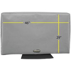 a gray laptop case with yellow lines on the front and side, measurements for it