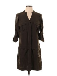 Express Casual Dress Size: X-Small Brown Dresses - used. 100% POLYESTER, Shirtdress, V-Neck, Midi/Calf Length, 3/4 Sleeve | Express Casual Dress - Shirtdress: Brown Dresses - Used - Size X-Small Brown Casual Dress, Brown Dresses, Brown Dress, Shirtdress, Green Brown, Green And Brown, Casual Dresses For Women, Casual Dress, Casual Dresses