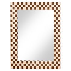 a brown and white checkerboard mirror with a square frame on the front side