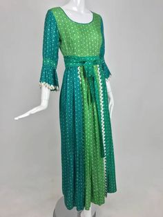 The Mirrors vintage aqua and green silk print maxi dress with white trim 1970s For Sale at 1stDibs | green dress with white trim Mirrors Vintage, Aqua And Green, Vintage Clothes, Green Silk, White Maxi Dresses, White Trim, Printed Maxi, Historical Fashion, Printed Maxi Dress