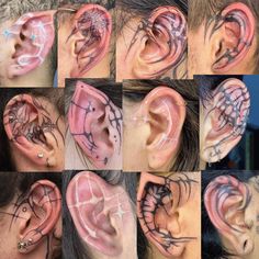 many pictures of different types of tattoos on someone's ear and behind the ear