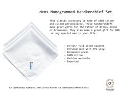 "Mens White Monogrammed handkerchief Set of 3, 6, 9 or 12 This classic accessory is made of 100% cotton and custom personalized. These handkerchiefs make great gifts for the Father of Bride, Groom or Groomsmen. They also make a great gift for DAD or any special man in your life. 15\"x15\" Full-sized squares, permanent press Cotton Machine washable Imported Checkout similar items: http://bit.ly/CFMonogramHandkerchiefs -If ordering multiple sets, please contact me to combine shipping costs. -If yo Classic Rectangular Handkerchiefs For Gifts, Classic Rectangular Handkerchiefs As Gifts, Classic Handkerchiefs For Father's Day Gift, Classic Cotton Handkerchiefs For Formal Occasions, Classic Cotton Formal Handkerchiefs, Classic Cotton Handkerchiefs As Gift, Classic Personalized Handkerchiefs For Anniversary, Classic Personalized Handkerchiefs For Gifts, Classic Personalized Handkerchiefs As Gift