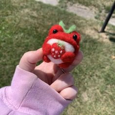 a hand holding a small red stuffed animal in it's left hand with grass behind it