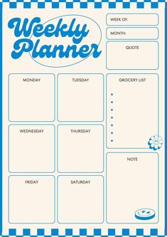 the weekly planner is shown in blue and white checkered paper with words on it