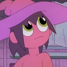 a cartoon girl with big eyes wearing a pink hat