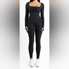 The Popilush Seamless Thumb Hole Square Neck Long Sleeve Jumpsuit Is Simple But Trendy For Any Occasion, Such As Beach, Club, Night Out, And Daily Life. Tighter Fabric On The Waist And Abdomen To Increase Body-Con Fit. The Thumb Hole Covers The Cuff. Its Fabric's Unique Stretch Further Ensures The Flexibility Of The Finger And Can Prevent Wrist Contusion. Double-Layer Removable Bra Pads For Your Bra-Less Style. Elastic And Soft Fabric For All-Day Wearing. High Square-Neck Design To Showcase Your Neckline. Black High Stretch Seamless Jumpsuits And Rompers, Black Stretch Jumpsuits And Rompers With Seamless Construction, Black Seamless Unitard For Workout, High Stretch Seamless Black Bodysuit, Black Workout Jumpsuits And Rompers With Seamless Construction, Black Seamless Workout Jumpsuits And Rompers, Black Seamless High Stretch Bodysuit, Seamless Black Bodysuit With High Stretch, Black Seamless High-stretch Bodysuit