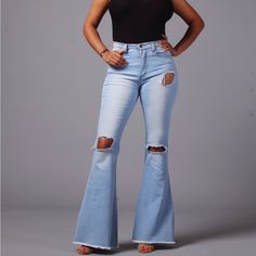 These Jeans Have An Updated Retro Feel That Fits Just Right. Distressed Look Denim. Model Is Wearing A Small Fits True To Size. Made Of: 75% Cotton, 20% Polyester, 5% Spandex Light Wash Bell Bottom Jeans Outfit, Ripped Flare Bottoms For Summer, Chic Ripped Blue Flare Jeans, Chic Blue Ripped Flare Jeans, Bottom Jeans Outfit, High Waisted Bell Bottom Jeans, Bell Bottom Jeans Outfit, Bottom Jeans, Bell Bottom