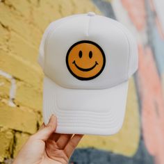 smiley-face-trucker-hat-all-white Preppy Hat, Women Trucker, Lucky Gifts, Trendy Hat, Online Clothing Boutiques, Trendy Collection, Cute Hats, Happy Face, Smiley Face