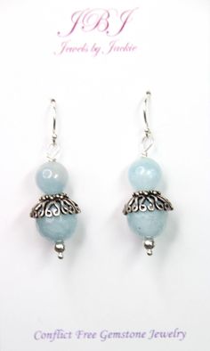 Aquamarine Blue 8mm & 10mm Ball Gemstone .925 Sterling Silver Earrings 1 1/2" Artisan Jewelry Earrings, Silver Caps, Handcrafted Artisan Jewelry, Handmade Jewelry Designs, Aquamarine Blue, Jewelry Designer, 925 Sterling Silver Earrings, Diy Earrings, Jewelry Designs