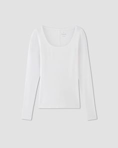 The Luxe Micro-Rib Long-Sleeve Scoop-Neck Tee White – Everlane Fall Scoop Neck Top For Loungewear, Fall Season Scoop Neck Top For Loungewear, Fall Loungewear Tops With Scoop Neck, White Tops With Thumbholes For Loungewear, Fitted Everlane Tops For Everyday, Everyday Fitted Everlane Tops, Everlane Stretch Tops, Fall Scoop Neck Long Sleeve Top For Everyday, Everlane Tops For Everyday Spring Wear