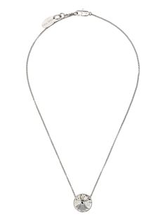 silver-tone polished finish chain-link neck strap crystal-embellished circular pendant adjustable fit lobster claw fastening Silver Diamond Necklace With Cable Chain For Formal Events, Formal Silver Diamond Necklace With Cable Chain, Formal Silver Diamond Necklace With Detachable Pendant, Silver Diamond Necklace With Cable Chain For Formal Occasions, Elegant Silver Necklaces With Silver-tone Logo Plaque, Elegant Silver Necklace With Silver-tone Logo Plaque, Elegant Metal Necklace With Silver-tone Logo, Silver Necklace With Silver-tone Logo Plaque, Silver Diamond Necklace With Cable Chain