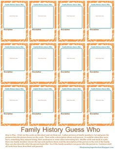 the family history guess who is on display in an orange and white poster with blue lettering