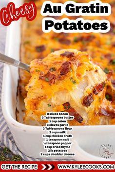 cheesy au gratin potatoes in a casserole dish with bacon and cheese